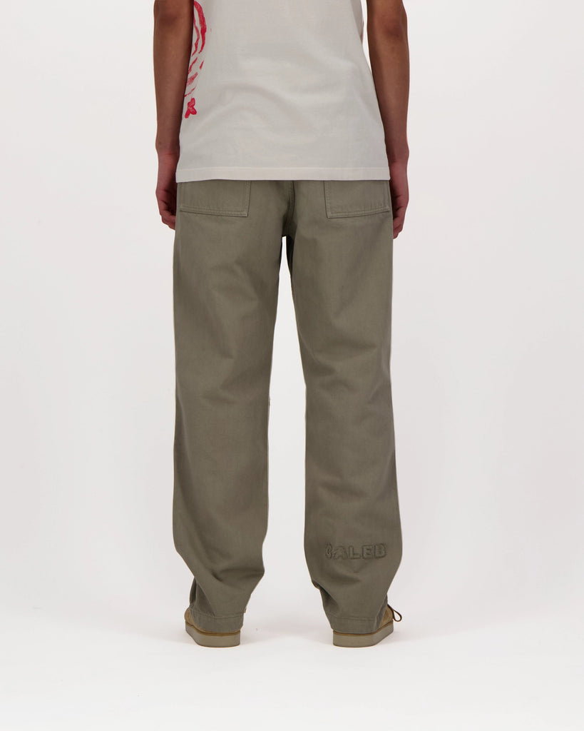 Caleb Paris Twill Worker Pants With Embroidery and Patch Khaki