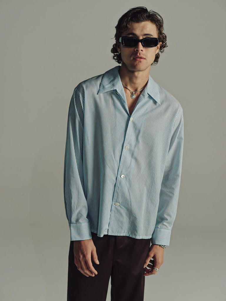 Second Layer Relaxed Long Sleeve Shirt White/Blue Stripe