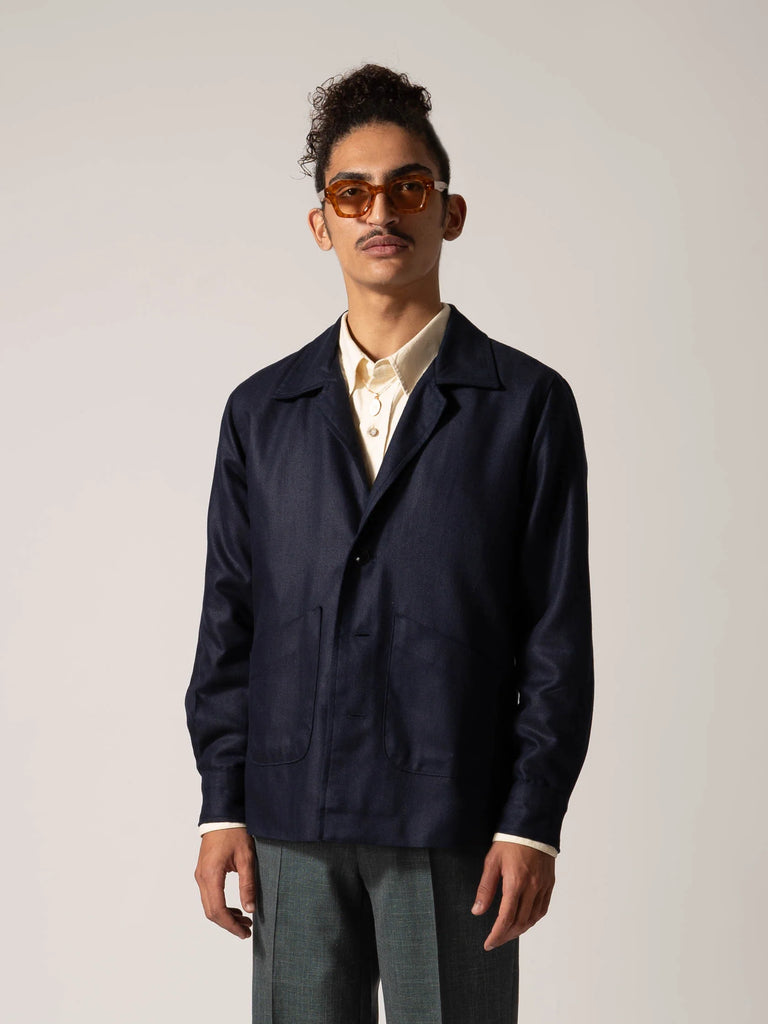 Quintopiano Pleated Overshirt Navy Silk