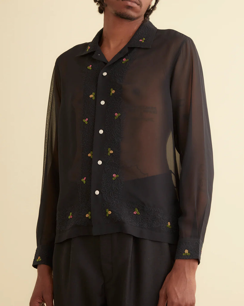 Bode Beaded Framboise Long Sleeve Shirt Black