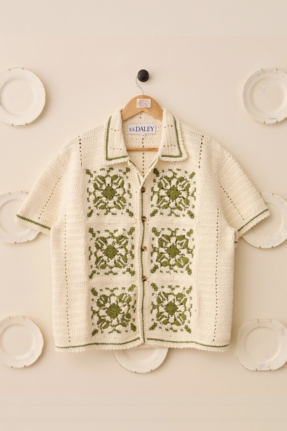 Chemise Homme S.S. DALEY Abel - Crochet Crème & Rouge - Manches Courtes - Taille M - Neuve Avec Étiquettes - Fait Main