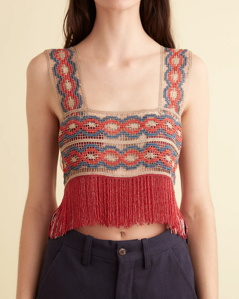Bode Poulin Beaded Fringe Top Red