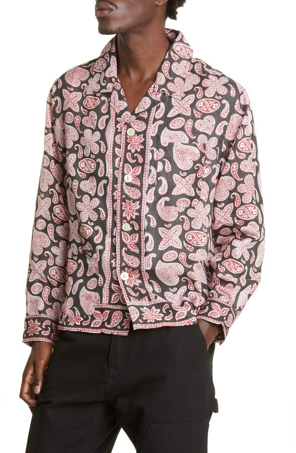 Bode Heart Paisley Block Print Silk Button-up Shirt