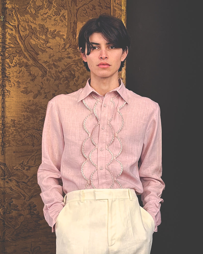 73 London Scallop Front Linen Shirt With Embroidered Pale Pink