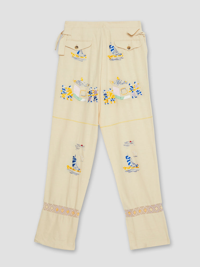 Bode Sailing Tableau Embroidered Silk Trousers Beige