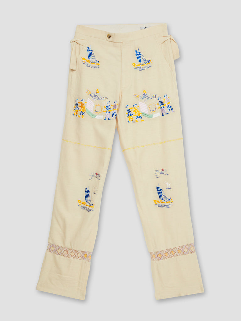 Bode Sailing Tableau Embroidered Silk Trousers Beige