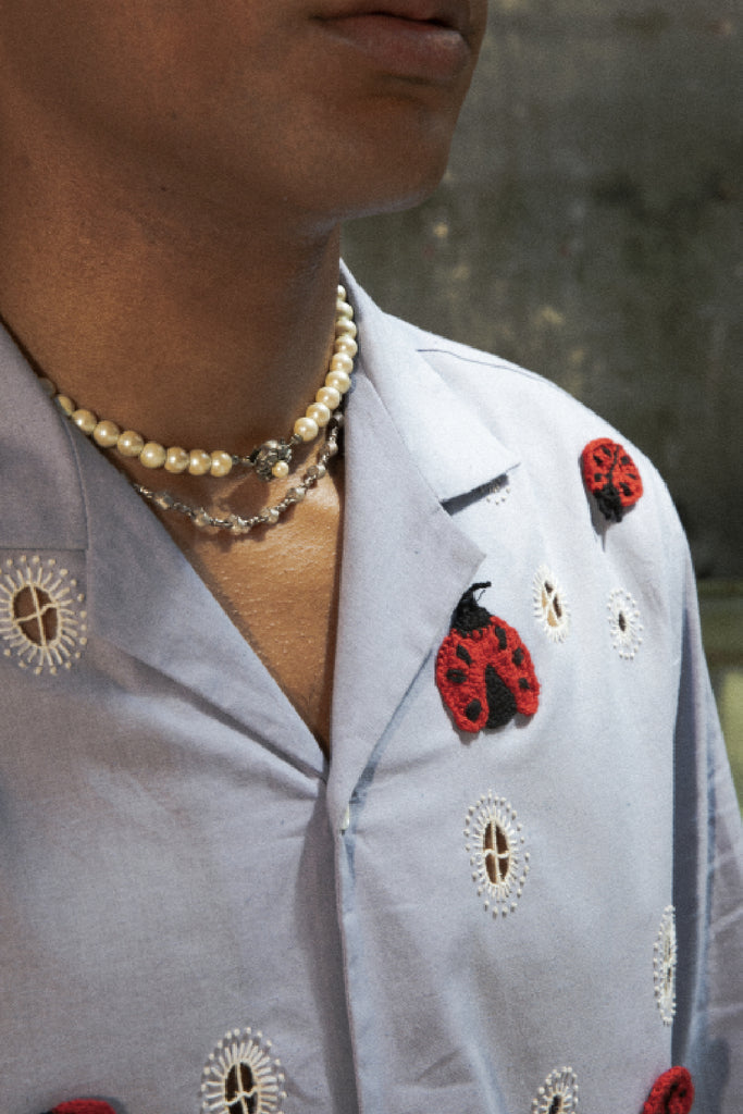 Baziszt Embroidered Ladybug Long Sleeve Shirt Blue