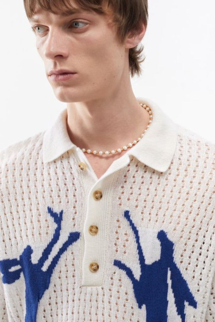 S.S. Daley Rabbit-Motif Knitted Polo Shirt Cream Navy