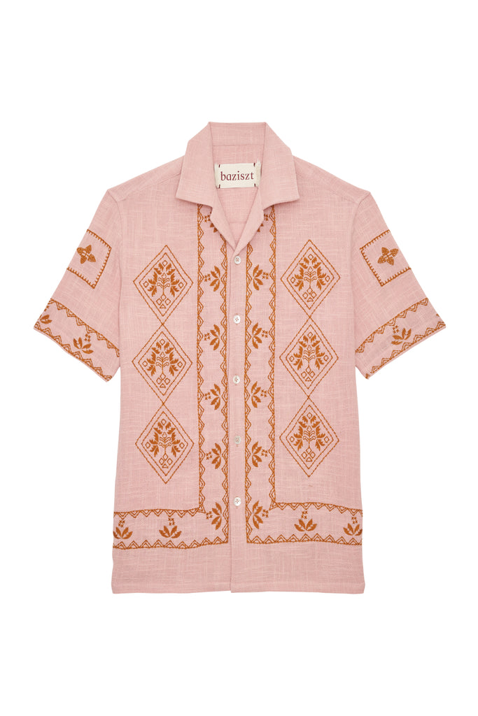 Baziszt Mexican Embroidered Short Sleeve Shirt Pink