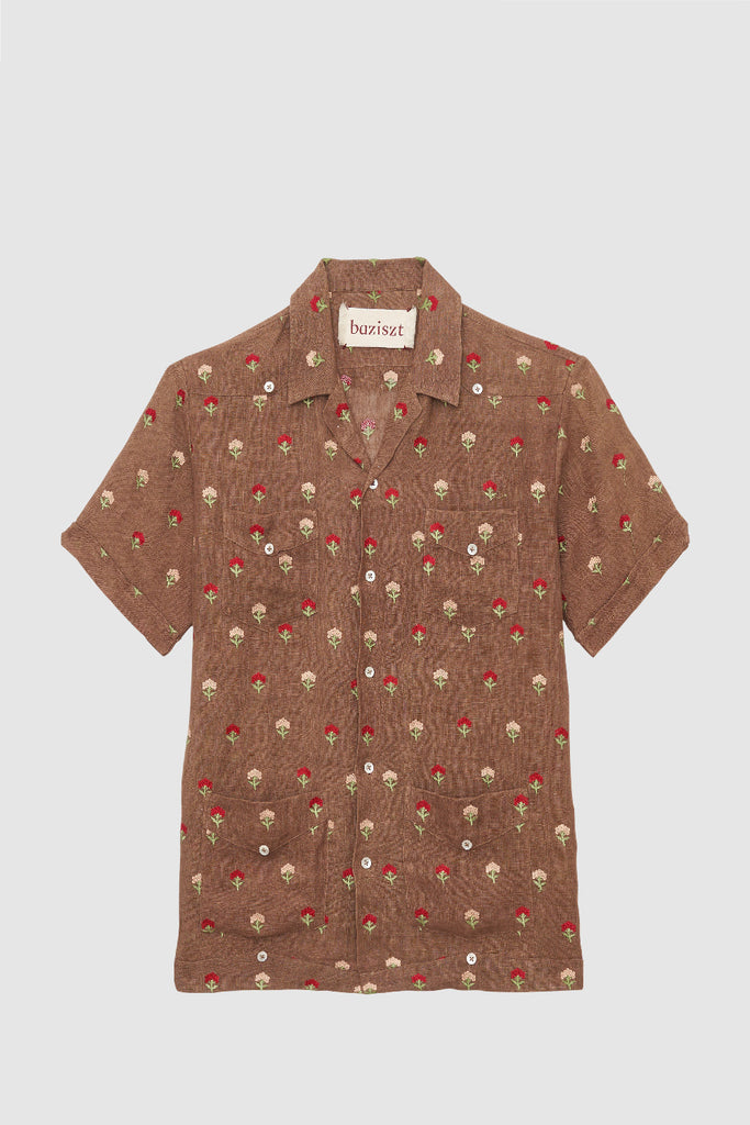 Bazizst Embroidered Floral Short Sleeve Shirt
